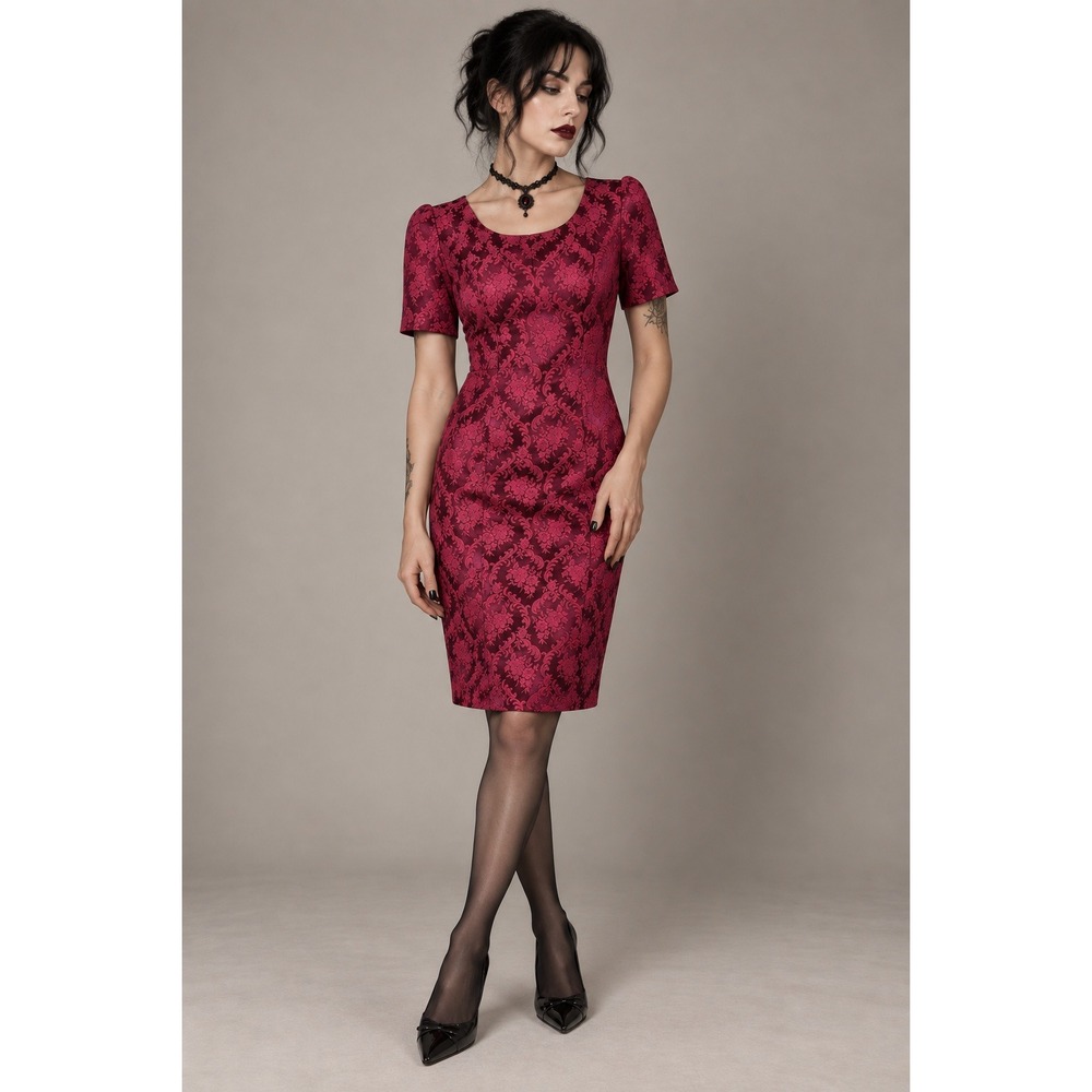 Gothic Dark Romantic Brocade Tapestry Dress XS Burgundy Floral Vampy Sheath